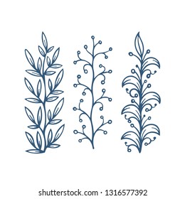 Hand drawn floral design elements set.
Leaves and flowers sketch drawing. Floral brushes.