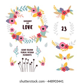 Hand drawn floral design elements for wedding invitation.Vector doodle wreath, flowers and petals