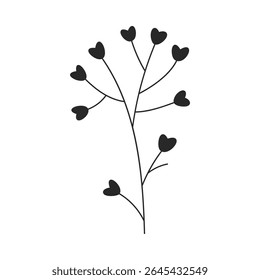 Hand drawn floral design. Heart-shaped flower sprig. Simple botanical design element in linear doodle style. Vector 10 EPS.