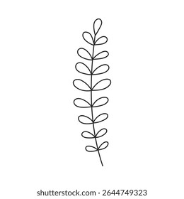 Hand drawn floral design. Monochrome illustration of vertical leaf stem. Simple botanical design element in linear doodle style. Vector 10 EPS.