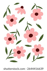 Hand drawn floral design with playful pink flowers and green leaves on a clean white background. Minimal, modern, and cheerful style for wall art, nursery decor, or digital use.