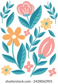 Handgezeichnetes Blumendesign. Frühling niedlich rosa und gelbe Blumen, Tulpe. Vektor-Illustration für Poster, Bildschirmschoner, Tapete, Packpapier, eps 10