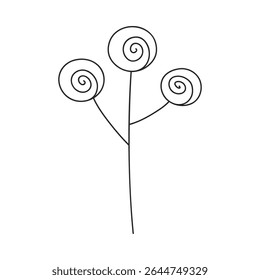 Hand drawn floral design. Whimsical plant with round spiral flower heads. Simple botanical design element in linear doodle style. Vector 10 EPS.