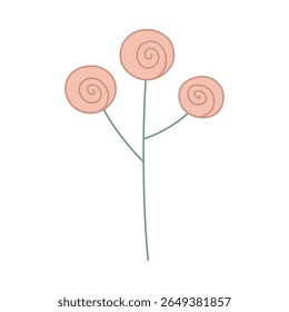 Hand drawn floral design. Whimsical plant with pink round spiral flower heads. Simple botanical design element in linear doodle style. Vector 10 EPS.