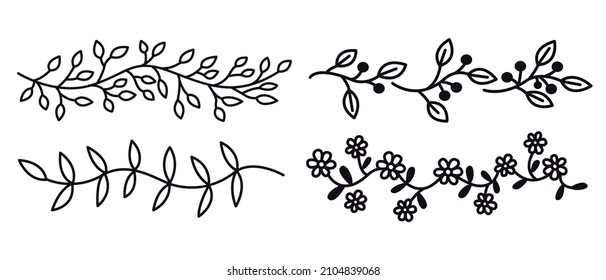 Hand drawn floral dividers for notebook or diary. Doodle flower and leaves branches border. Bullet journal sketch template