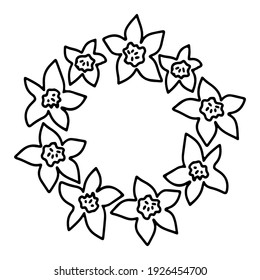 Hand  drawn floral doodle circle wreath with narcissus isolated on white background. Vector illustration. Design for wedding,  holiday, card, flyer