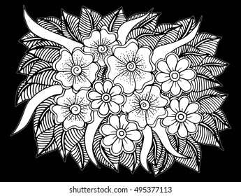 Hand drawn floral doodle. Coloring pages for book. Vector line art
