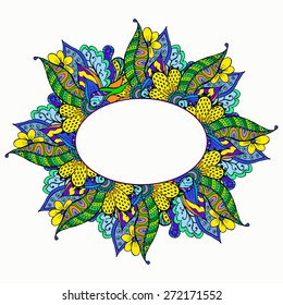 Hand drawn floral doodle frame. Bright summer colors.  Abstract zentangle background. Good for cards, invitations, wedding, t-shirt, brochure, flyer, calendar. Vector illustration.