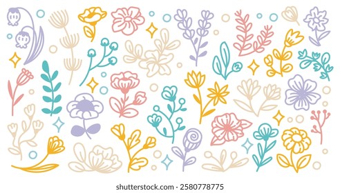 Hand Drawn Floral Doodle Pattern – Cute Pastel Line Art Flowers and Botanical Elements Background for Digital Design, Scrapbooking, and Decorative Prints