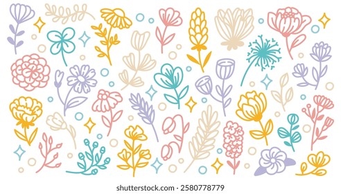 Hand Drawn Floral Doodle Pattern – Cute Pastel Line Art Flowers and Botanical Elements Background for Digital Design, Scrapbooking, and Decorative Prints