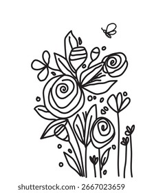 Vector de doodle floral dibujado a mano con flores, hojas y mariposas caprichosas. Arte de línea minimalista perfecto para colorear libros, arte para niños, invitaciones, pegatinas, decoración boho, diseño moderno y patrones.