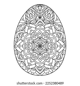 Hand drawn floral Easter egg. Coloring book page antistress with flower pattern for adults and children. Beautiful doodle ornament. Vector outline sketch illustration isolated on white background