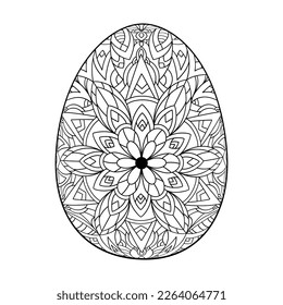 Hand drawn floral Easter egg. Coloring book page antistress with flower pattern for adults and children. Beautiful doodle ornament. Vector outline sketch illustration isolated on white background