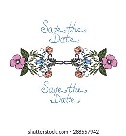 Hand drawn floral element. Romantic wreath with copy space for your text. Save the date, wedding or invitation card design element, also you can change colors.
