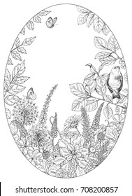 Hand drawn floral elements. Black and white flowers, plants, butterflies and sitting bird on branch. Monochrome vector sketch.  Oval frame.  Space for text.