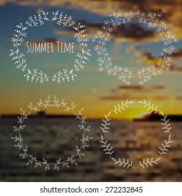 Hand drawn floral elements. Blurred Flowers Background. Hand Drawn Flowers Wreath for Summer Logo or Label Design. Vintage Style.