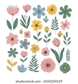 Hand Drawn Floral Elements Collection. Cute Doodle Flowers and Leaves Set. Colorful Botanical Clipart for Spring, Summer, Wedding, Invitation, Card, Scrapbooking, Textile, and Decorative Design.