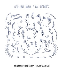 Hand drawn floral elements collection Leaves flowers branches vector illustration