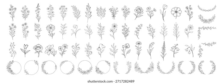 Colección de Elementos florales dibujados a mano, flores botánicas hojas coronas y marcos circulares, elegante arte de línea vintage decorativo conjunto para boda y diseño de invitación sobre fondo transparente