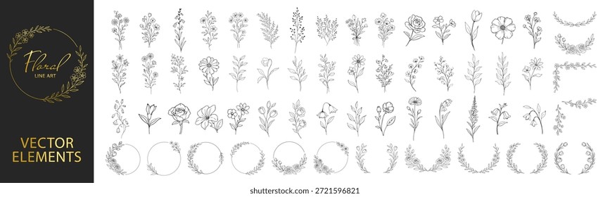 Colección de Elementos florales dibujados a mano, flores botánicas hojas coronas y marcos circulares, elegante arte de línea vintage decorativo conjunto para boda y diseño de invitación sobre fondo transparente