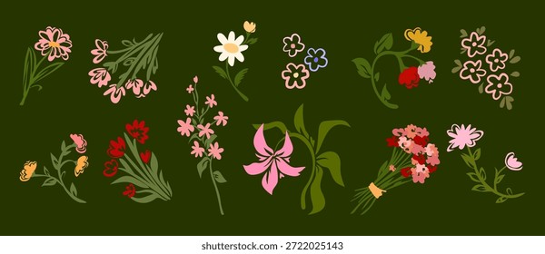 Coleção de elementos florais desenhados à mão com flores de pastel