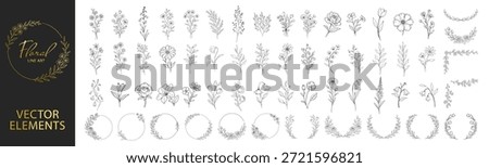 Hand drawn floral elements collection, botanical flowers leaves wreaths and circular frames, elegant vintage line art decorative set for wedding and invitation design on transparent background