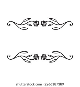 Hand drawn floral elements. Dividers, leaves and flower lines. Floral ornaments and frames. Floral symbols. Vector illustration isolated on white background. For wedding invitations, greeting cards.