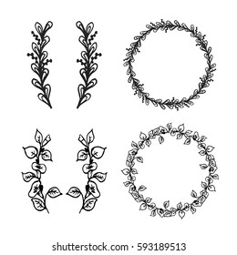 Hand drawn floral elements and frame for decoration of cards, text, invitation. Rounded floral decorative elements for text or logotype. 