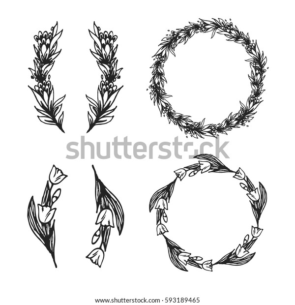 Hand drawn floral elements\
and frame for decoration of cards, text, invitation. Sketch\
decorative leaves for text or logo. Rounded floral decorative\
elements.