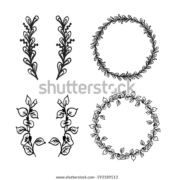 Hand drawn floral elements and frame for\
decoration of cards, text, invitation. Rounded floral decorative\
elements for text or logotype.\
