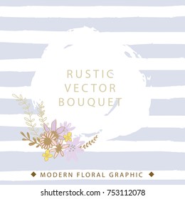Hand Drawn Floral Elements and Grey Stripe Background 