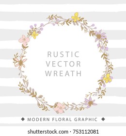 Hand Drawn Floral Elements and Grey Stripe Background 