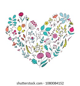 Hand drawn floral elements in heart shape. Romantic surface design. Vector pattern with flowers.