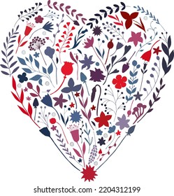 Hand drawn floral elements in heart shape. Pastel and red colors on white background. For desind and print