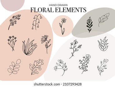 Hand drawn floral elements. Ideal for greeting cards, decor,  logo design, print, textile, wallpaper or any other creative designs. 