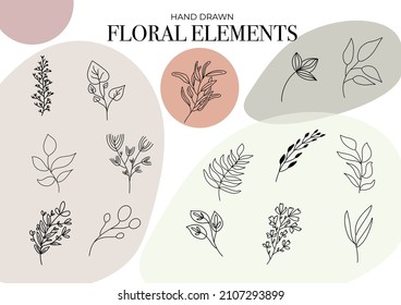 Hand drawn floral elements. Ideal for greeting cards, decor,  logo design, print, textile, wallpaper or any other creative designs. 