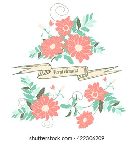 Hand drawn floral elements. Isolated hand-drawn flowers on white background. Flowers design for weddings, celebrations and holydays