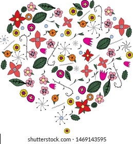 Hand drawn floral elements and leaves in heart shape. Stock vector illustration.