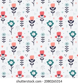 Patrón sin fisuras de elementos florales dibujados a mano. Flores y hierbas diferentes al estilo escandinavo. El floreciente prado de verano con fondo vectorial plano. Diseño de impresión de papel de envoltura botánica, papel de pared, textil
