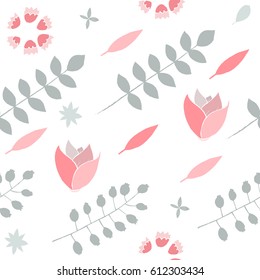 Hand drawn floral elements seamless pattern. White background