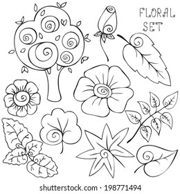 Hand drawn floral elements. Set of leaves and flowers. Black outline. Vector illustration. Design elements.