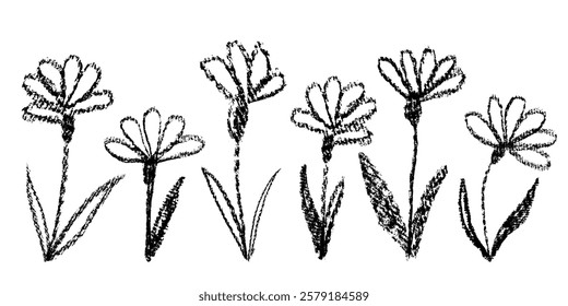 Hand drawn floral elements set. Ink drawing flowers with leaves in naive style. Black and white chalk elements in grunge style. Vector illustration