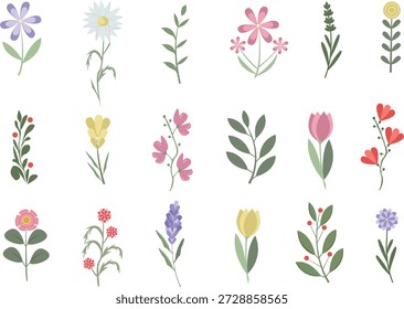 Handgezeichnete Blumenelemente Set mit süßen Wildblumen, botanischen Blumen und Blättern, Minimal dekorative Clipart Collection. Vektor einzelne Blumen. Transparenter Hintergrund.