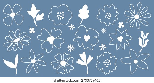 Elementos florales dibujados a mano con hojas de flores simples y garabatos en estilo de línea mínima para tarjetas de felicitación de diseño de Festiva de primavera Invitaciones Papel de embalaje y Ilustraciones decorativas