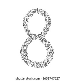 Hand drawn floral elements in the shape of number eight on white background. Vector illustration in doodle style. Good for design Women's Day card, t-shirt design, fabric print, decoration.