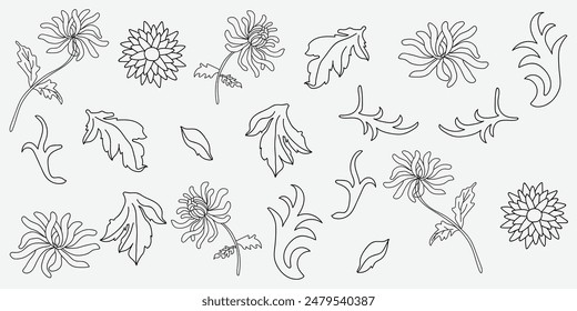 Hand drawn floral elements such as flowers, leaves, and branches are ideal for creative projects and artistic endeavors