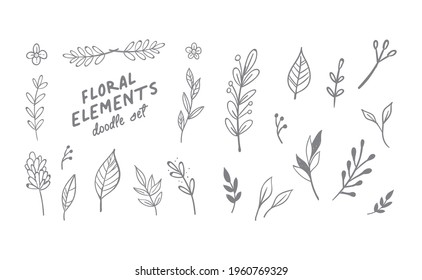 Hand drawn floral elements. Swirls, laurels, arrows, leaves, flowers and branches. Doodle botanical elements. 