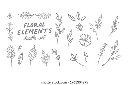 Hand drawn floral elements. Swirls, laurels, arrows, leaves, flowers and branches. Doodle botanical elements. 