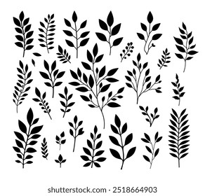 hand drawn floral elements. Vector set botanical illustration. Minimalistic plant symbols. Collection black silhouette branches. for labels, save the date, wedding invitation, fabric prints.