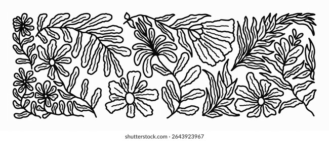 Hand drawn floral elements vector set. Black and white hand drawn botanical motif. Monochrome botanical collection with simple flowers